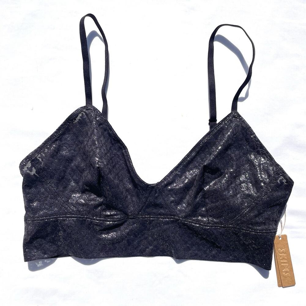 Skims Logo Mesh Foil Skimpy Bralette Bra Onyx Black Large